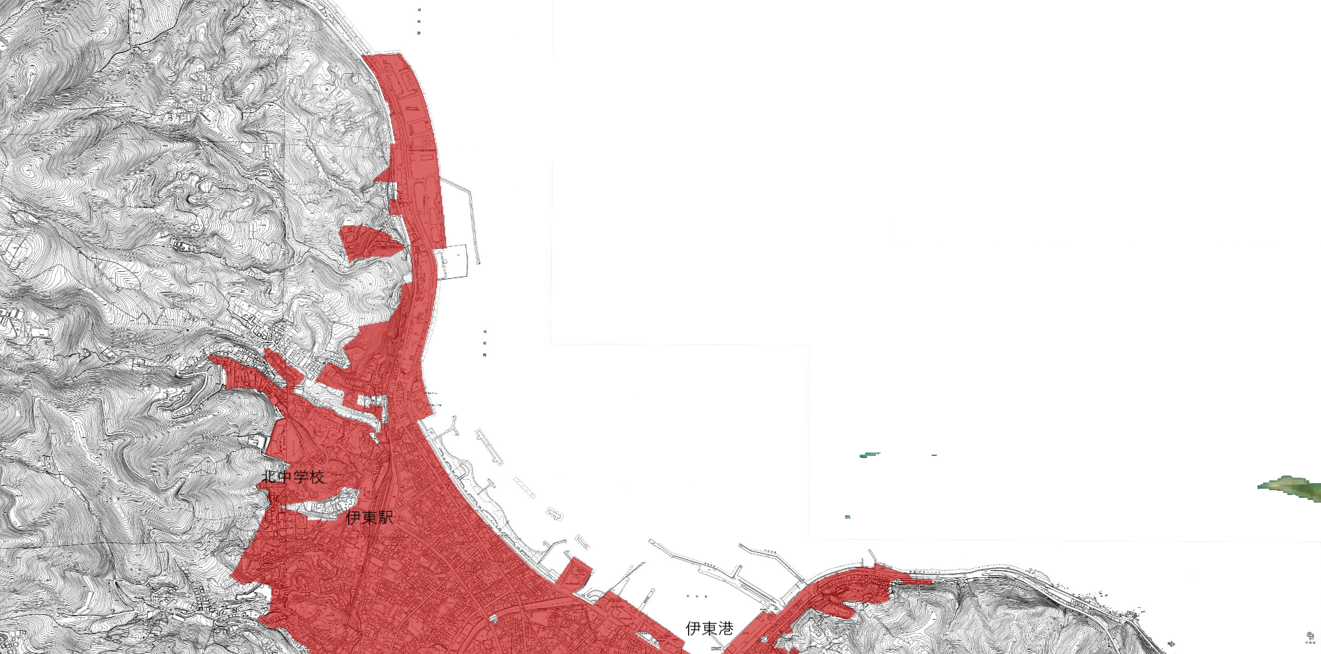 供用開始区域を色付けされた伊東地区北の地図