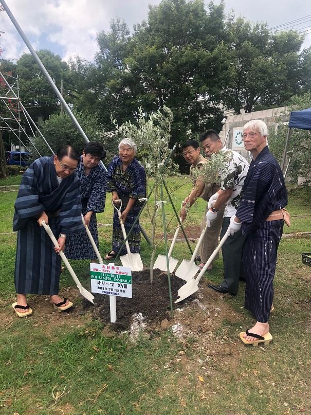 オリーブの樹の植樹を行う伊東市長たちの写真