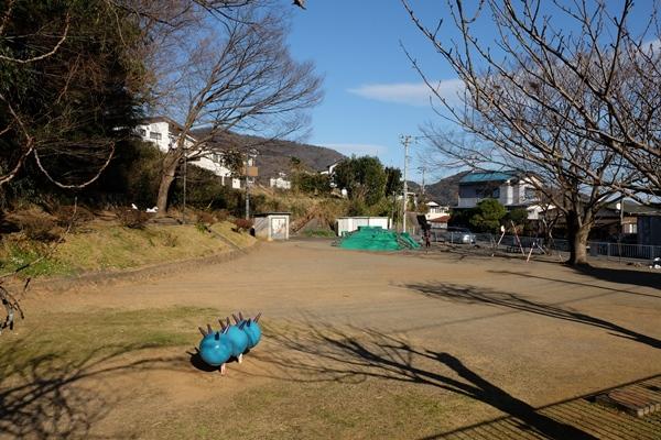 遊具があり、広々とした公園の写真