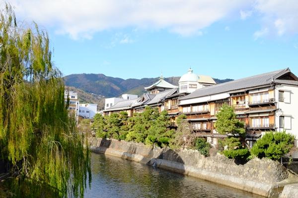 松川と柳と東海館の写真